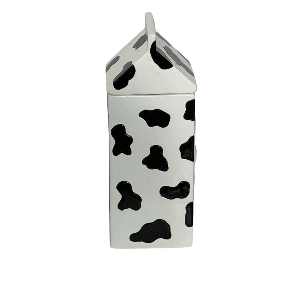 Houston Harvest Cookie Jar White Cow Print Milk Carton Ceramic Decor Large